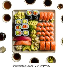 A vibrant sushi platter with assorted nigiri, sashimi, and maki rolls, featuring fresh fish, avocado, cucumber, and a side of wasabi, pickled ginger, and soy sauce.



 - Powered by Shutterstock