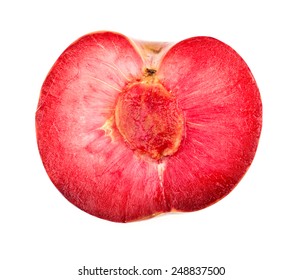 Vibrant, Tasty, Juicy Red Cross Section Of Pluot Fruit Isolated On White