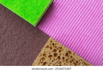 Vibrant textures of cleaning supplies, including a kitchen sponge, pink napkin, and brown scrubber, captured in high resolution. Perfect for home essentials and abstract backgrounds. - Powered by Shutterstock