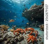 A vibrant underwater scene featuring crabs scuttling across sandy ocean floors and colorful starfish resting among coral reefs, illuminated by gentle sunlight filtering through the water.