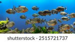 Vibrant underwater snapshot of a school of piranha fish in clear blue waters, showcasing their silvery scales and unique shapes as they swim through a lush aquatic environment.