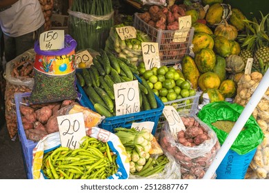 A vibrant vegetable stall in Baguio, Philippines, displaying a colorful array of fresh produce, including pineapples, papayas, and various vegetables, with prices clearly marked. - Powered by Shutterstock