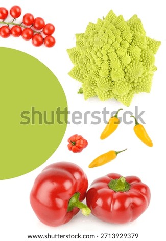 A vibrant, vertical composition featuring cherry tomatoes, Romanesco cauliflower, and various peppers isolated on white with a prominent lime-green graphic circle.