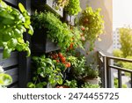 A vibrant vertical garden overflowing with fresh herbs lettuce and small tomatoes thriving on a sunny balcony in a bustling city