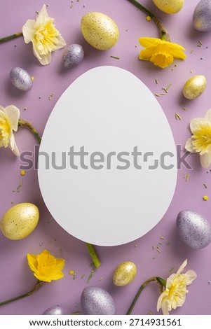 Vibrant vertical pastel Easter scene featuring a large white egg shaped card surrounded by daffodils and speckled eggs on a lilac backdrop, perfect for seasonal greeting, spring, and festive decor