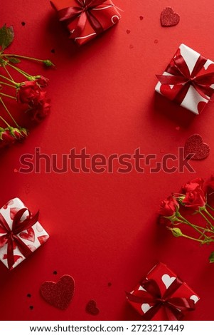 Vibrant vertical red background with gift boxes, roses and heart accents creates a warm Valentine mood, celebrating love, gifting, and heartfelt greetings