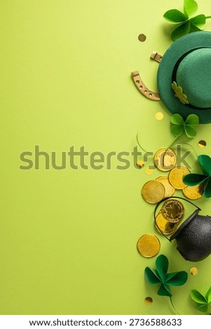 Vibrant vertical St Patrick s Day scene featuring a green hat, scattered coins, shamrocks, and festive decorations along a lime background