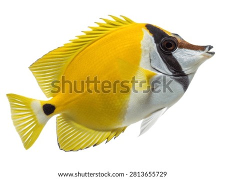 A vibrant yellow and white foxface rabbitfish isolated on white transparent background.