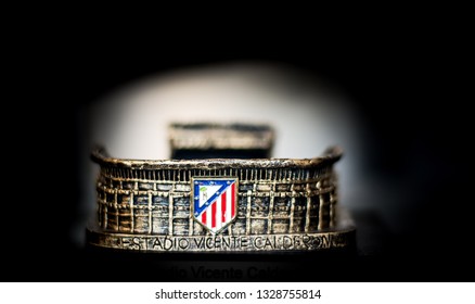 Vicente Calderón Football Stadium. Golden Copy Of The Famous Soccer Team Atlético De Madrid Stadium.