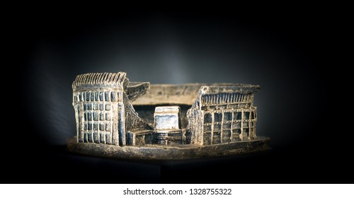 Vicente Calderón Football Stadium. Golden Replica Of The Famous Soccer Team Atlético De Madrid Stadium Over A Black Background