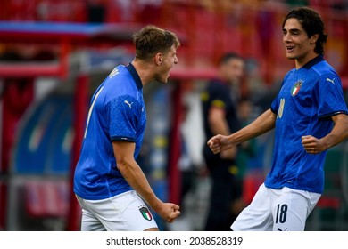 Vicenza, Italy, September 07, 2021, Lorenzo Colombo (Italy) Celebrates After Scoring A Goal With Teammate Matteo Cancellieri (Italy) During UEFA European Football Championship Under 21 - UEFA Euro 202