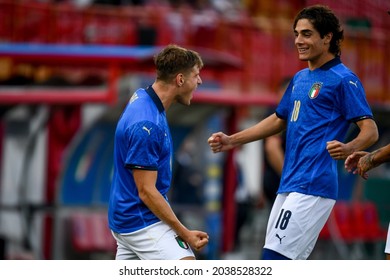 Vicenza, Italy, September 07, 2021, Lorenzo Colombo (Italy) Celebrates After Scoring A Goal With Teammate Matteo Cancellieri (Italy) During UEFA European Football Championship Under 21 - UEFA Euro 202