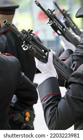 Vicenza, VI, Italy - June 2, 2022: Platoon Of Soldiers With Service Weapons During The Military Parade