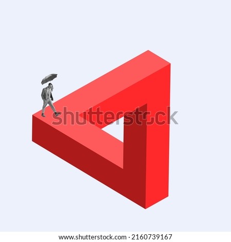 Vicious circle of problems. Young man, office clerk walking with umbrella on red optical illusion maze. Contemporary art collage. Inspiration, mood, creativity, mental health concept
