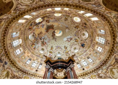 Vicoforte, Cuneo, Piedmont, Italy - October 13, 2021: indoor of Sanctuary of the Nativity of Mary with largest elliptical dome in the world with the largest single themed fresco in the world