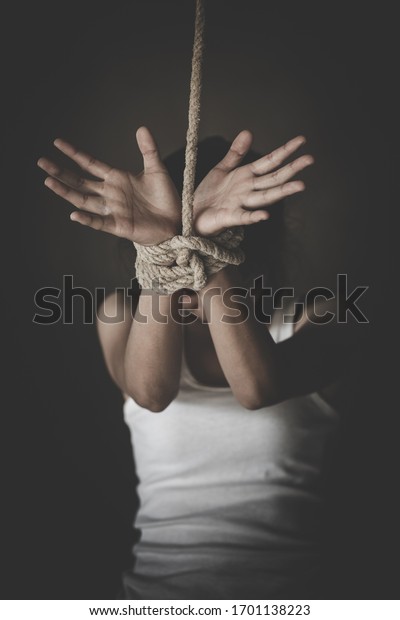 Victim Woman Hands Tied Rope Emotional ภาพสตอก Shutterstock