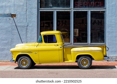 Victor, CO - July 9, 2022: Yellow 50s Era Chevrolet 3100 Pickup Truck