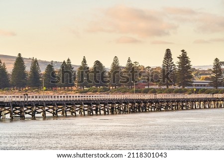 Victor Harbor causeway viewed from the Granite Island at sunset time, Fleurieu Peninsula, South Australia