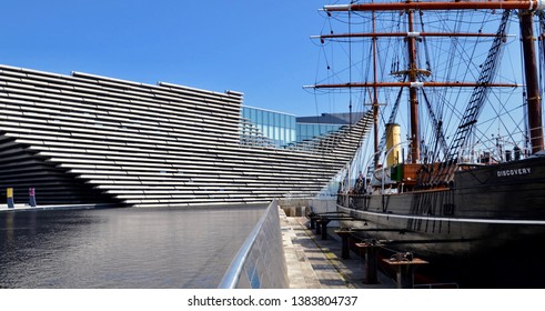 Victoria and Albert Museum in Dundee city waterfront. Museum designed by Kengo Kuma with the RRS Discovery Museum ship. Dundee Riverside, Scotland. Uk April 2019