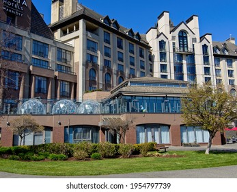 Victoria BC, Canada - April 11, 2021. Protective Transparent Domes Erected On The Patio Of Marriott Delta Hotel For Safe Dining During Covid-19 Pandemic