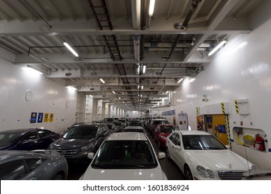 VICTORIA, BC, CANADA - DEC 1, 2019: The car deck of a BC ferry as it prepares to unload in Victoria.