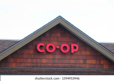 Victoria, BC / Canada - Dec 21 2019: close up of Co-op logo on the exterior of the grocery store on Keating Crossroad