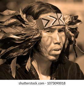 VICTORIA BC CANADA JUNE 24 2015: Native Indian Man In Traditional Costume. First Nations In BC Constitute A Large Number Of First Nations Governments And Peoples In The Province Of BC