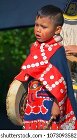 VICTORIA BC CANADA JUNE 24 2015: Unidentified Native Indian Child In Traditional Costume. First Nations In BC Constitute A Large Number Of First Nations Governments And Peoples In The Province Of BC