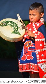 VICTORIA BC CANADA JUNE 24 2015: Unidentified Native Indian Child In Traditional Costume. First Nations In BC Constitute A Large Number Of First Nations Governments And Peoples In The Province Of BC