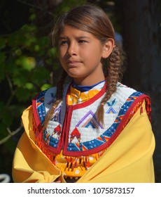 VICTORIA BC CANADA JUNE 24 2015: Unidentified Native Indian Girl In Traditional Costume. First Nations In BC Constitute A Large Number Of First Nations Governments And Peoples In The Province Of BC