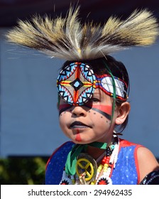 VICTORIA BC CANADA JUNE 24 2015: Unidentified Native Indian Child In Traditional Costume. First Nations In BC Constitute A Large Number Of First Nations Governments And Peoples In The Province Of BC