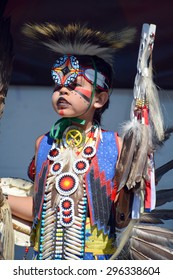 VICTORIA BC CANADA JUNE 24 2015: Native Indian Unidentified Child In Traditional Costume. First Nations In BC Constitute A Large Number Of First Nations Governments And Peoples In The Province Of BC