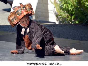 VICTORIA BC CANADA JUNE 24 2015: Unidentified Native Indian Child In Traditional Costume. First Nations In BC Constitute A Large Number Of First Nations Governments And Peoples In The Province Of BC