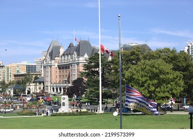 Victoria, BC - Sept. 8th 2022: Flags In Front Of The British Columbia Legislature Are Flown At Half Mast In Order To Mourn The Death Of Queen Elizabeth II  