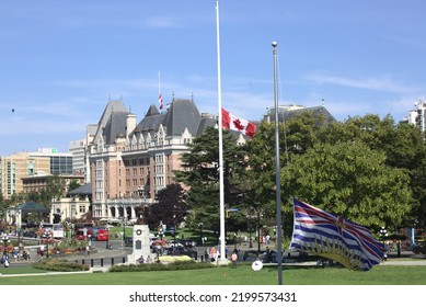 Victoria, BC - Sept. 8th 2022: Flags In Front Of The British Columbia Legislature Are Flown At Half Mast In Order To Mourn The Death Of Queen Elizabeth II  