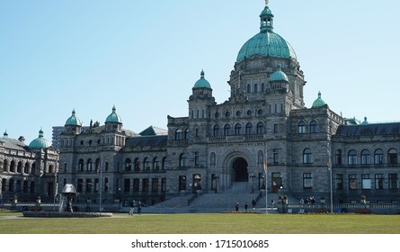 Victoria, BC/Canada - March 21, 2020: Empty Legislature Building During The Pandemic.                                 