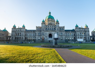 Victoria British Columbia Canada January 25 2013: Front Of British Columbia Legislature With Fountain Down Town Victoria BC On Sunny Day 