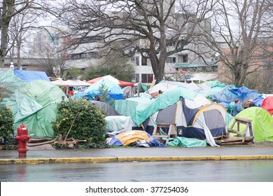 VICTORIA, BRITISH COLUMBIA - FEB 12, 2015 - Tent city protest on Victoria courthouse land, Victoria, BC, Canada