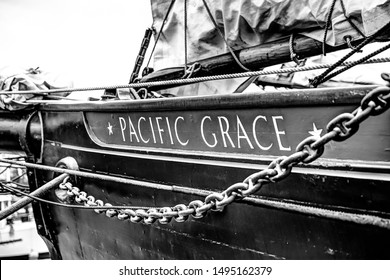 Victoria, British Columbia - September 1, 2019: Name Plate Of The Pacific Grace Tall Ship At The Dock In Victoria, British Columbia