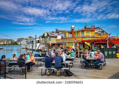 Victoria, Canada - 7-9-2022: Outdoor Dining With Food From Several Restaurants On Fisherman's Wharf