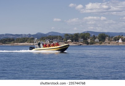 VICTORIA, CANADA - AUGUST 2, 2005: People enjoying Ride with Inflatable Boat after Whale Watching in the Pacific Ocean.