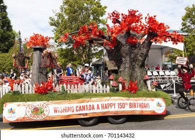 Victoria Canada May 22,2017: Many Different  Float At The Victoria Day Parade On  Douglas Street. This Is Victoria  Largest Parade, Attracting Well Over 100,000 People From Canada And USA.  