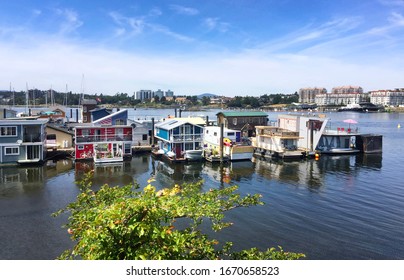 Victoria  city Inner Harbor landscape. Village of colorful floating houses. Fisherman Wharf in Victoria, Vancouver Island, Canada