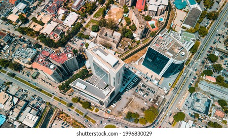 Victoria Island Lagos, Nigeria - 24 June 2021: Drone View Of Major Roads And Traffic In Victoria Island Lagos Showing The Cityscape, Offices And Residential Buildings.