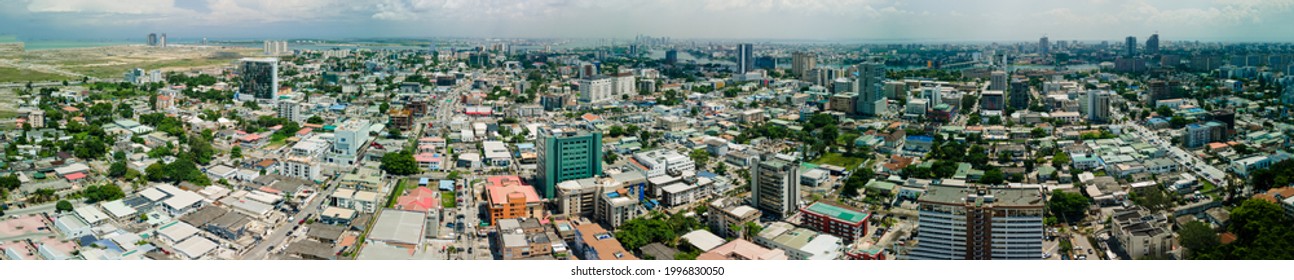 Victoria Island Lagos, Nigeria - 24 June 2021: Drone View Of Major Roads And Traffic In Victoria Island Lagos Showing The Cityscape, Offices And Residential Buildings.
