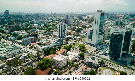 Victoria Island Lagos, Nigeria - 24 June 2021: Drone View Of Major Roads And Traffic In Victoria Island Lagos Showing The Cityscape, Offices And Residential Buildings.