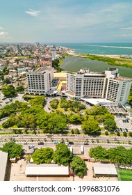 Victoria Island Lagos, Nigeria - 24 June 2021: Drone View Of The Biggest Hotel In Lagos Nigeria - Eko Hotels And Suites. It Hosts The Largest And Biggest Events In Nigeria And West Africa Annually.