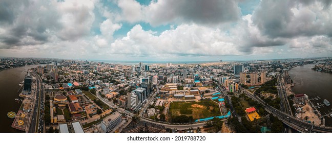Victoria Island, Lagos - Nigeria - August 1, 2021: Drone view of the bridges, resisdential buildings and office structures in the most populous city in West Africa.