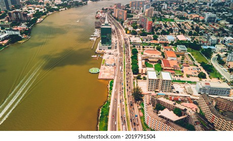 Victoria Island, Lagos - Nigeria - August 1, 2021: Drone view of The Civic and Tower Centre Lagos. The Civic Tower is an office development located in Victoria Island – Lagos. 