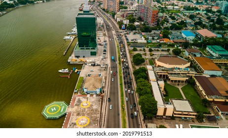 Victoria Island, Lagos - Nigeria - August 1, 2021: Drone view of The Civic and Tower Centre Lagos. The Civic Tower is an office development located in Victoria Island – Lagos. 